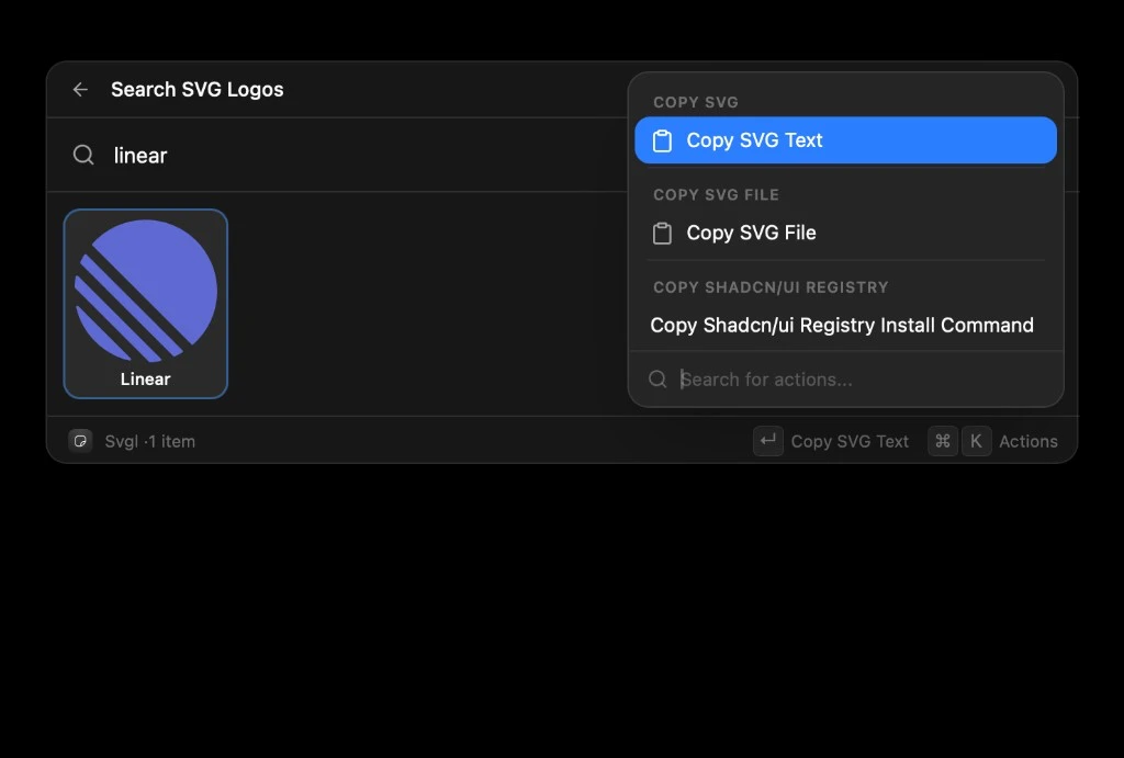 The full Raycast extension store inside Cachy, browsing the Svgl extension
